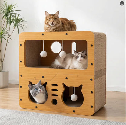 Spacious Multi-Functional Indoor & Outdoor Cat Condo with Dual Scratch Pads, Plush Balls, and Ventilated Door - Durable Plywood and Kraft Paper Cat Shelter