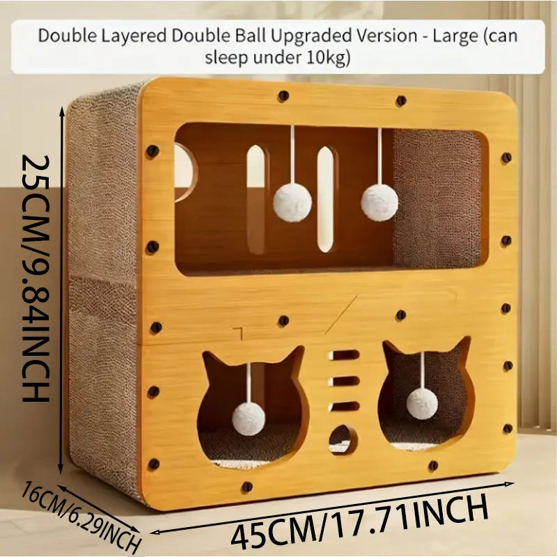 Spacious Multi-Functional Indoor & Outdoor Cat Condo with Dual Scratch Pads, Plush Balls, and Ventilated Door - Durable Plywood and Kraft Paper Cat Shelter