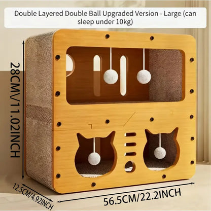 Spacious Multi-Functional Indoor & Outdoor Cat Condo with Dual Scratch Pads, Plush Balls, and Ventilated Door - Durable Plywood and Kraft Paper Cat Shelter
