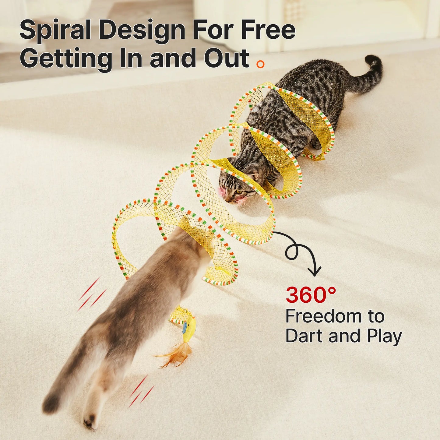 Potaroma Collapsible Spiral Tunnel Cat Toy with Feather and Bell for Indoor Cats, 20 Inches Unfolded