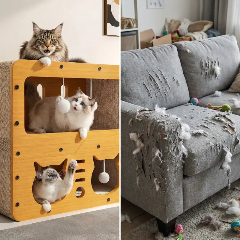 Spacious Multi-Functional Indoor & Outdoor Cat Condo with Dual Scratch Pads, Plush Balls, and Ventilated Door - Durable Plywood and Kraft Paper Cat Shelter