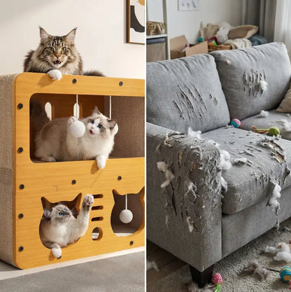 Spacious Multi-Functional Indoor & Outdoor Cat Condo with Dual Scratch Pads, Plush Balls, and Ventilated Door - Durable Plywood and Kraft Paper Cat Shelter
