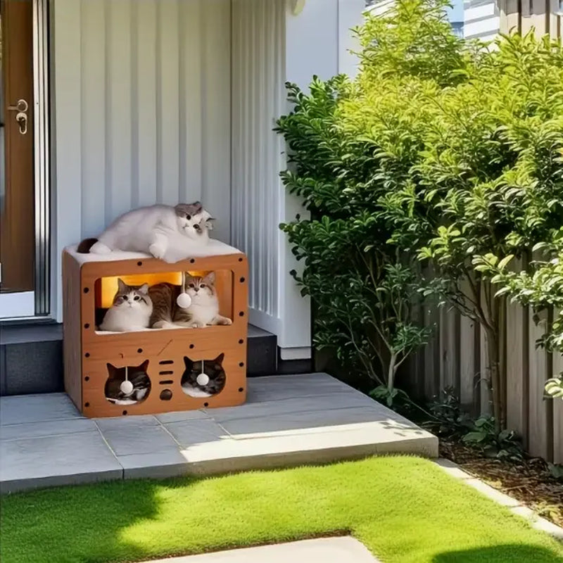Spacious Multi-Functional Indoor & Outdoor Cat Condo with Dual Scratch Pads, Plush Balls, and Ventilated Door - Durable Plywood and Kraft Paper Cat Shelter